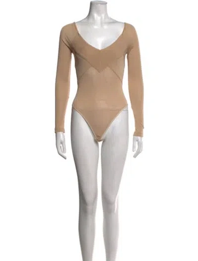 Pre-owned Donna Karan V-neck Long Sleeve Bodysuit In Neutrals