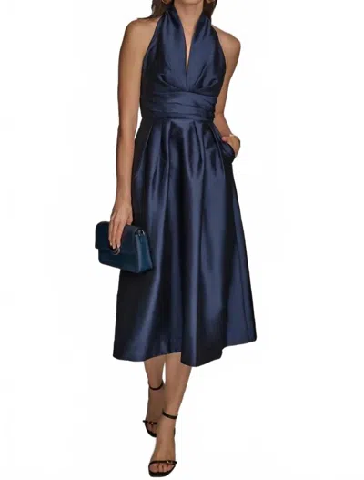 Donna Karan V-neck Midi Cocktail Dress In Taffeta Blue