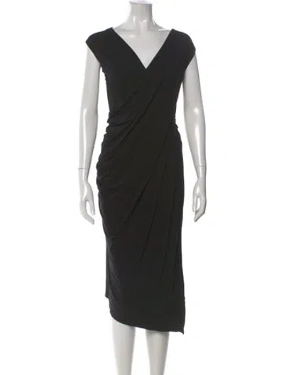Pre-owned Donna Karan V-neck Midi Length Dress In Black