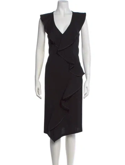 Pre-owned Donna Karan V-neck Midi Length Dress In Black