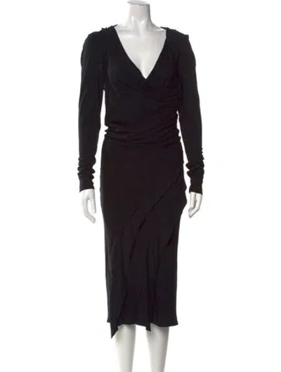 Pre-owned Donna Karan V-neck Midi Length Dress In Black