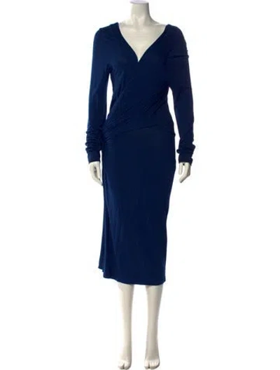 Pre-owned Donna Karan V-neck Midi Length Dress In Blue