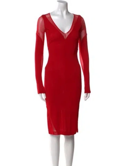 Pre-owned Donna Karan V-neck Midi Length Dress In Red
