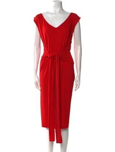 Pre-owned Donna Karan V-neck Midi Length Dress In Red