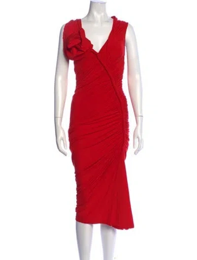 Pre-owned Donna Karan V-neck Midi Length Dress In Red