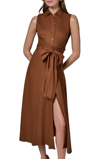 Donna Karan Weekend Sleeveless Linen Blend Shirtdress In Brown