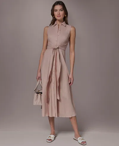 Donna Karan Weekend Women's Collared Sleeveless Tie Overlay Dress In Neutral