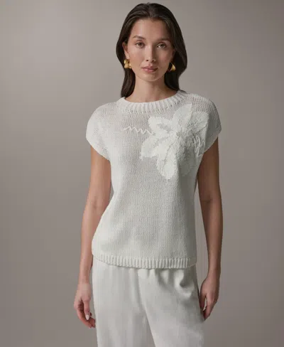 Donna Karan Weekend Women's Crewneck Floral Embroidered Sweater In White