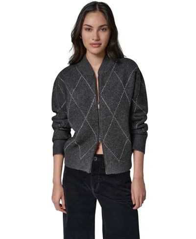 Donna Karan Weekend Women's Crystal Full-zip Embellished Collared Sweater In Gray
