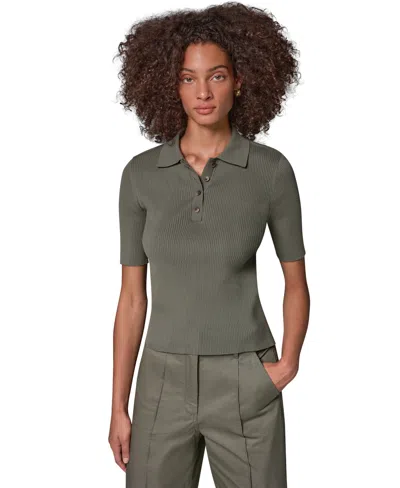 Donna Karan Weekend Women's Elbow-sleeve Ribbed Button-front Sweater In Green
