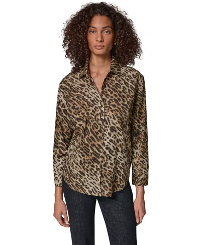 Donna Karan Weekend Women's Leopard-print Collared Voile Long-sleeve Blouse In Brown