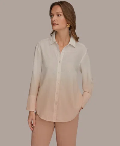 Donna Karan Weekend Women's Linen Dip Dye Long-sleeve Button-front Shirt In Snow Petal Dip Dye