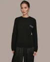 Donna Karan Weekend Women's Long Sleeve Waffle Stitch Sweater In Black
