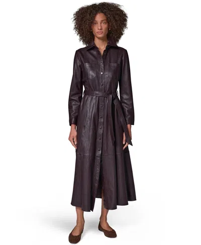 Donna Karan Weekend Women's Long-sleeve A-line Collared Leather Shirt Dress In Burgundy