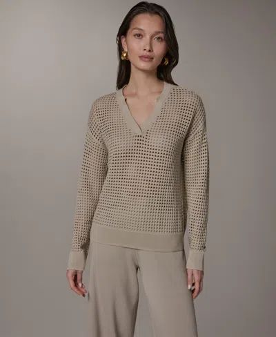 Donna Karan Weekend Women's Long-sleeve Pointelle Sweater In Sandstone
