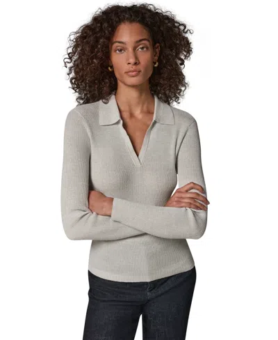 Donna Karan Weekend Women's Lurex Long-sleeve V-neck Ribbed Polo In Neutral