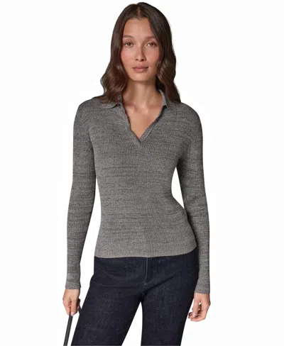 Donna Karan Weekend Women's Lurex Long-sleeve V-neck Ribbed Polo In Gray