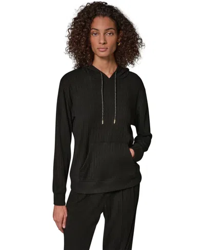 Donna Karan Weekend Women's Plush Drop-needle Ribbed Hoodie In Black