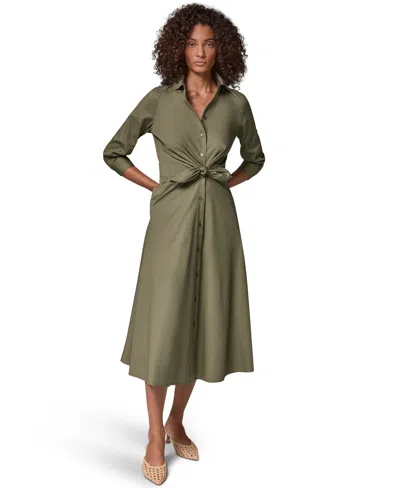 Donna Karan Weekend Women's Poplin Collared 3/4-sleeve Shirt Dress In Sage