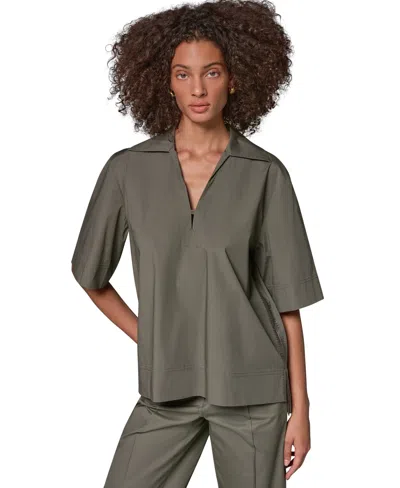 Donna Karan Weekend Women's Poplin V-neck Collared Top In Green