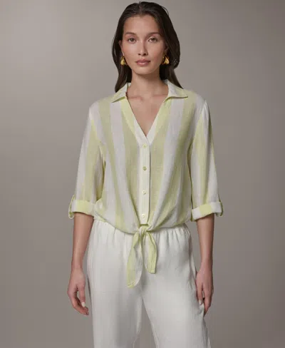 Donna Karan Weekend Women's Roll-tab Sleeve Tie-front Blouse In Yellow