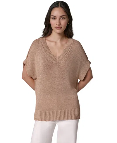 Donna Karan Weekend Women's Short Sleeve Relaxed Fit Lurex Sweater In Red