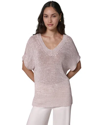Donna Karan Weekend Women's Short Sleeve Relaxed Fit Lurex Sweater In Gray