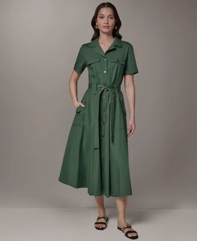 Donna Karan Weekend Women's Short-sleeve Self-belted Midi Shirt Dress In Green