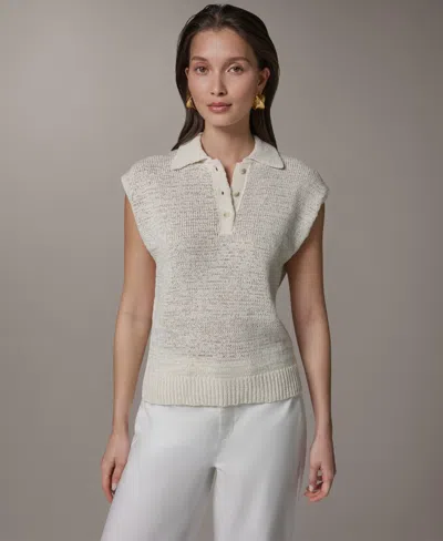 Donna Karan Weekend Women's Sleeveless Polyester Polo Sweater In White