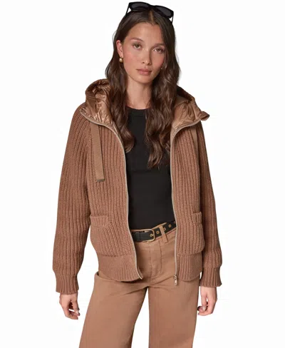 Donna Karan Weekend Women's Wool-blend Hooded Mixed-media Chunky Jacket In Brown