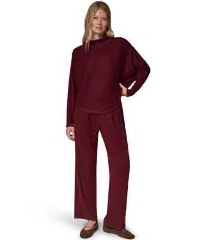 Donna Karan Weekend Womens Brushed Rib Dolman Sleeve Mock Neck Pullover Top Brushed Rib High Waist Wide Leg Pants In Deco Pink