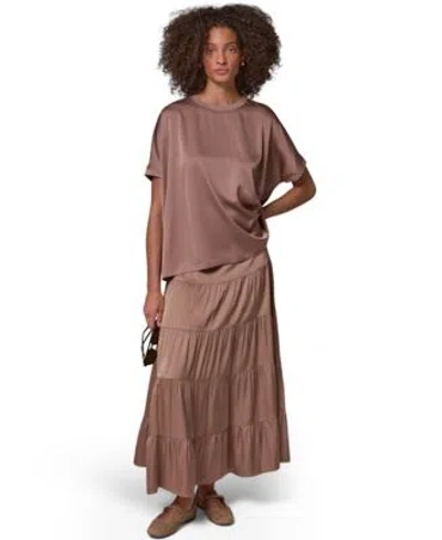 Donna Karan Weekend Womens Crewneck Boxy Blouse Satin Midi Tiered Skirt In Brown