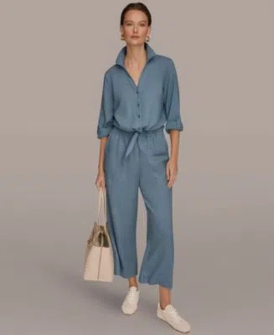Donna Karan Weekend Womens Linen Button Front Tie Blouse High Rise Relaxed Pants In Tuscan Grey