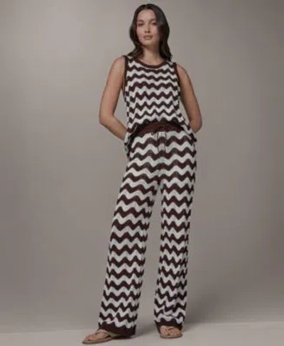 Donna Karan Weekend Womens Scallop Stripe Crewneck Cotton Sweater Pointelle Pants In Black
