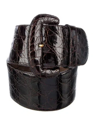Pre-owned Donna Karan Wide Crocodile Waist Belt In Brown