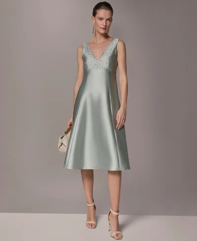 Donna Karan Sleeveless V Neck A Line Studded Midi Dress In Gray