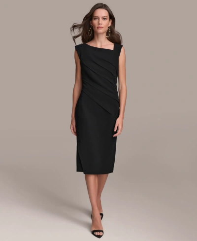 Donna Karan Women's Asymmetric Neckline Pleat-waist Sheath Dress In Black