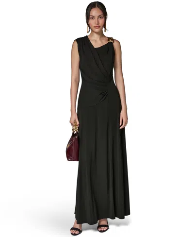 Donna Karan Asymmetrical Neck Draped Maxi Dress In Blue