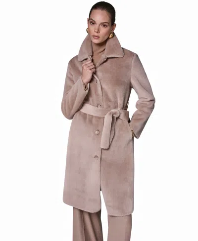 Donna Karan Women's Belted Collared Faux Fur Coat In Neutral