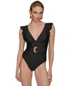 Donna Karan Women's Belted Flutter-sleeve One-piece Swimsuit In Black