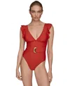 Donna Karan Women's Belted Flutter-sleeve One-piece Swimsuit In Red