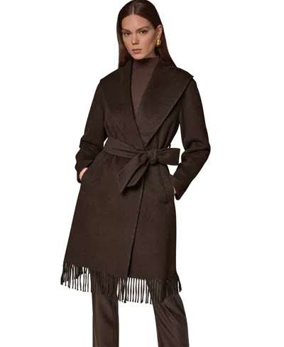 Donna Karan Women's Belted Fringe Wool Coat In Brown