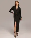 Donna Karan Belted Slit Long Sleeve Maxi Dress In Black