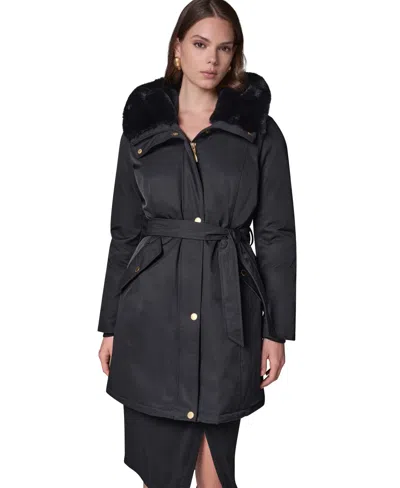 Donna Karan Women's Belted Hooded Mid-length Puffer Coat In Black