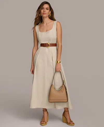 Donna Karan Women's Belted Linen-blend Sleeveless Fit & Flare Dress In Natural
