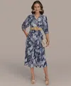 Donna Karan New York Print Belted Long Sleeve Linen Blend Maxi Shirtdress In Multi
