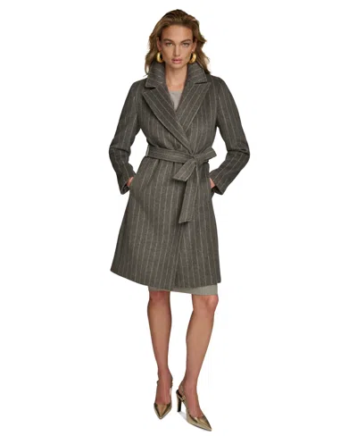 Donna Karan Women's Belted Notched-collar Wrap Coat In Pinstripe