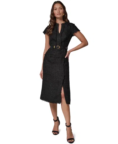 Donna Karan Women's Belted Split-neckline Tweed Midi Dress In Black