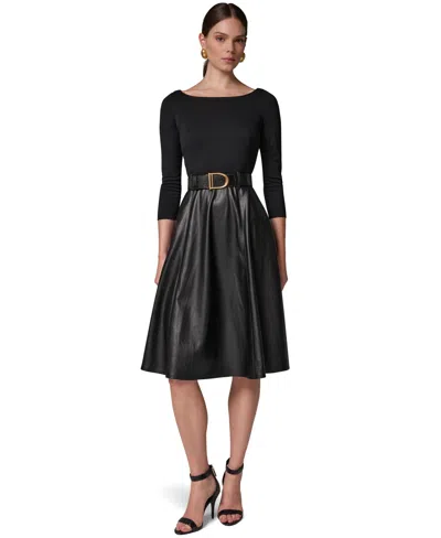 Donna Karan Women's Boat Neck Mixed Media Belted Fit & Flare Dress In Black