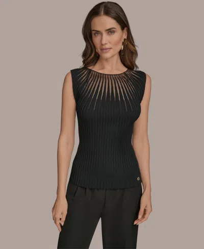 Donna Karan Women's Cap-sleeve Mesh-detail Knit Sweater Top In Black